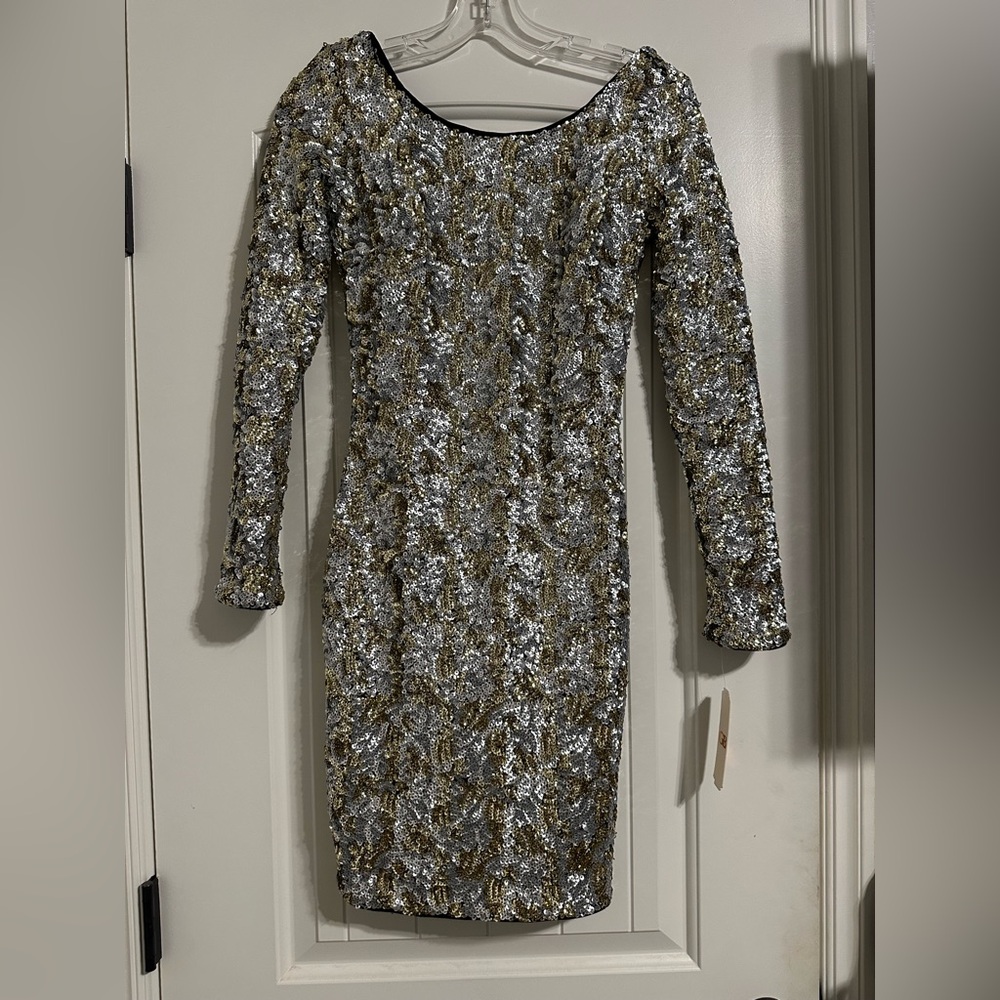 Gianni Bini Sequin Party Long Sleeve Dress Gold/ Black